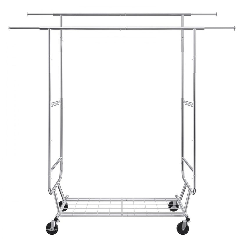 VEVOR Heavy Duty Clothes Rack, Double Hanging Rod Clothing Garment Rack for Hanging Clothes, Adjustable Height and Extendable Length Clothing Rack with Bottom Storage Area, 600 lbs Load Capacity