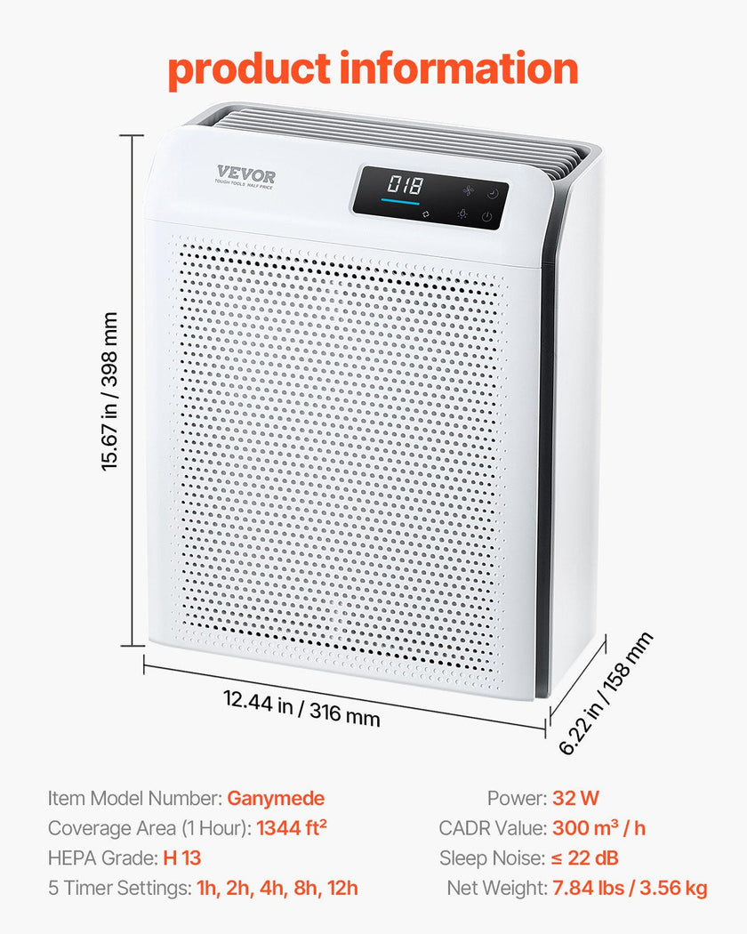 VEVOR 2018 ft²/h Air Purifier H13 HEPA Smart Air Purifier for Home & Office