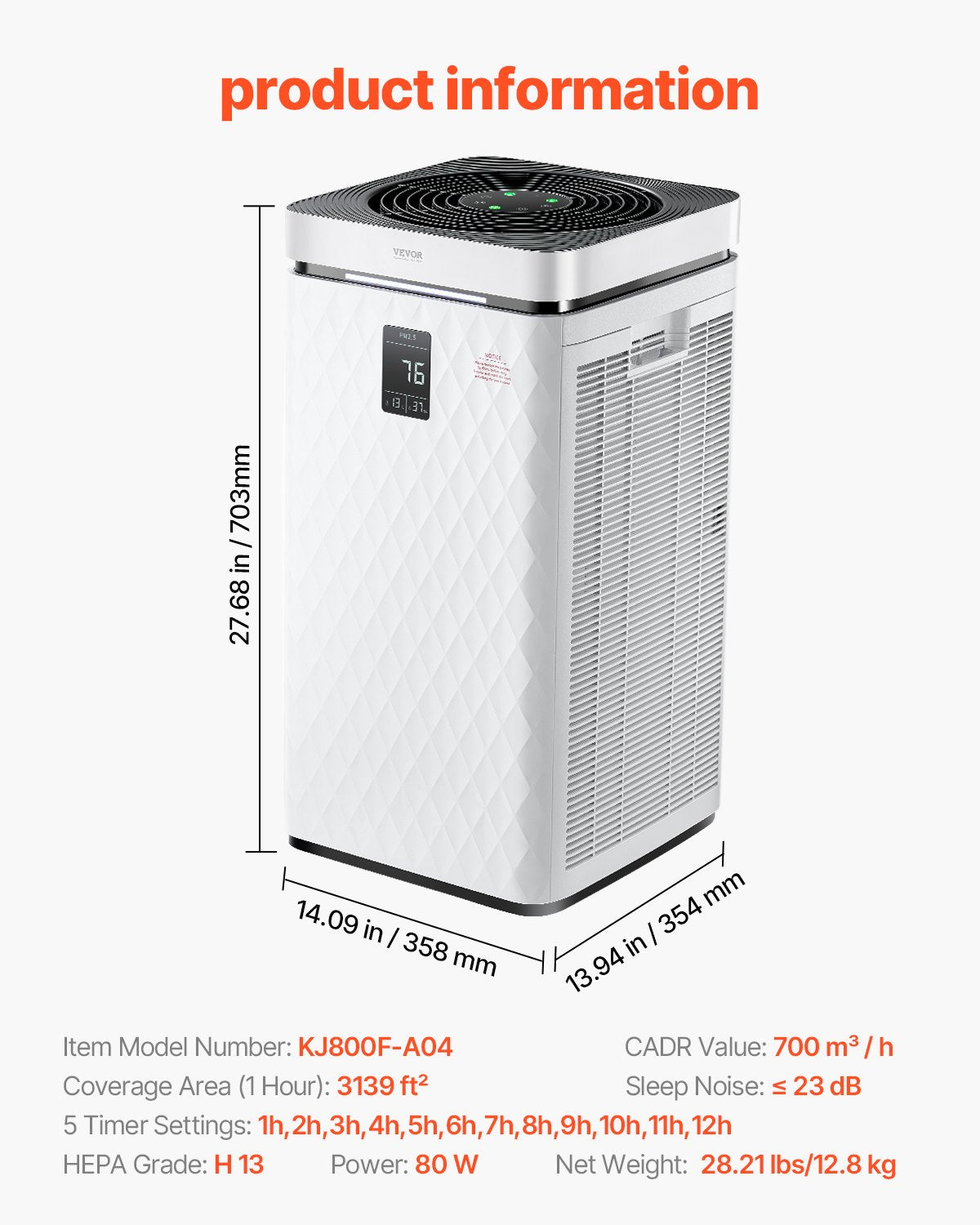 VEVOR 3139 ft²/h Air Purifier H13 HEPA Smart Air Purifier for Home & Office