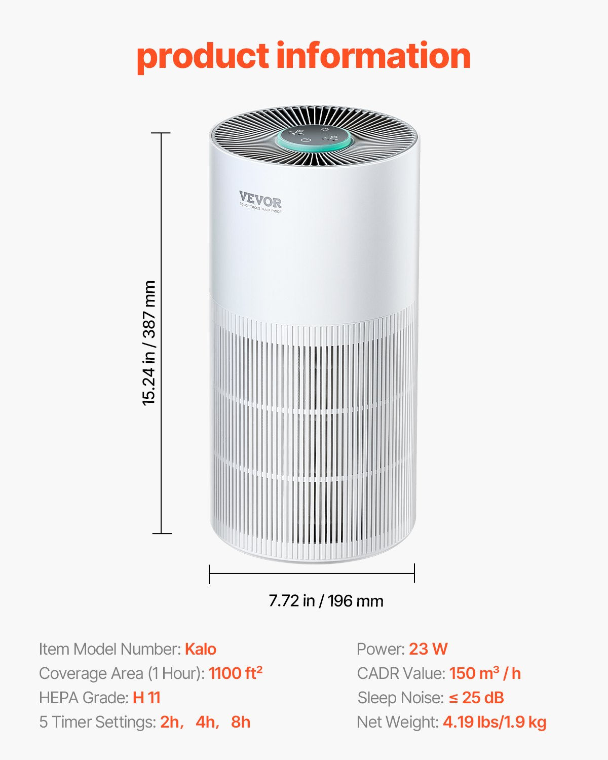 VEVOR 1100 ft²/h Air Purifier H11 HEPA Smart Air Purifier for Home & Office
