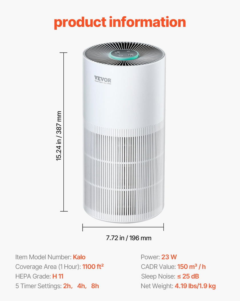 VEVOR 1100 ft²/h Air Purifier H11 HEPA Smart Air Purifier for Home & Office
