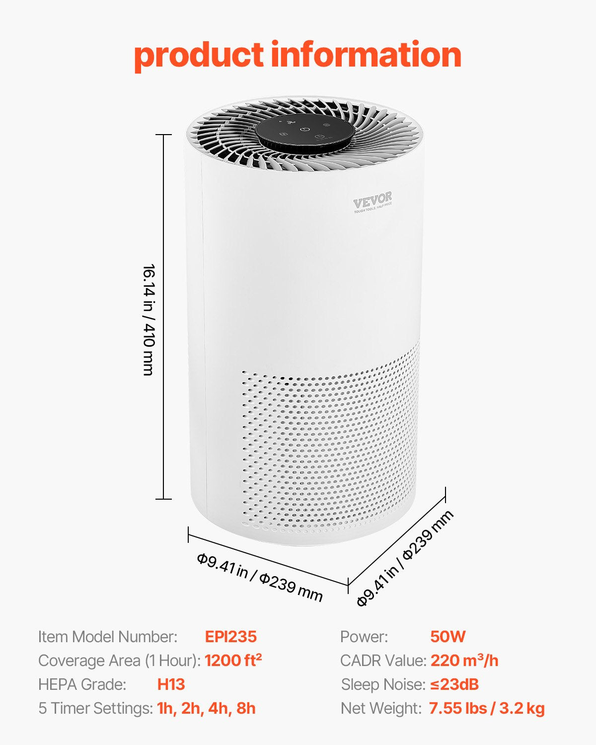 VEVOR 1200 ft²/h Air Purifier H13 HEPA Smart Air Purifier for Home & Office