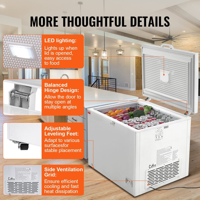 VEVOR Chest Freezer, 12.8 cu.ft / 345 L Large Deep Freezer & 4 Removable Baskets, Freestanding Top Open Door Commercial Chest Freezers with Locking Lid, 7-Level Adjustable Temp, LED Lighting, 6 Wheels