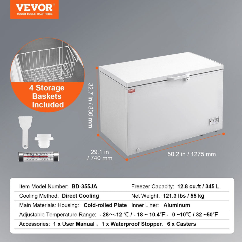 VEVOR Chest Freezer, 12.8 cu.ft / 345 L Large Deep Freezer & 4 Removable Baskets, Freestanding Top Open Door Commercial Chest Freezers with Locking Lid, 7-Level Adjustable Temp, LED Lighting, 6 Wheels