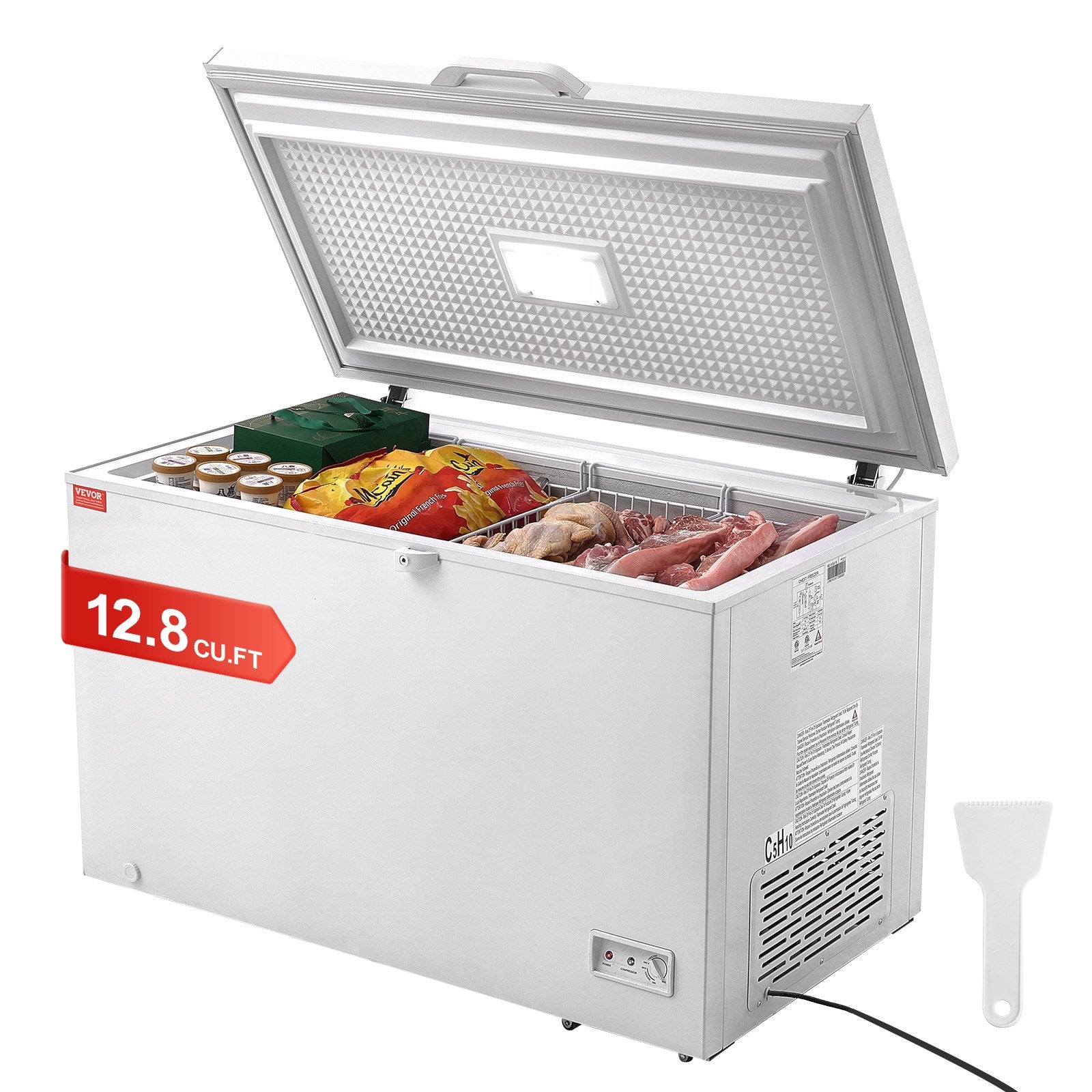 VEVOR Chest Freezer, 12.8 cu.ft / 345 L Large Deep Freezer & 4 Removable Baskets, Freestanding Top Open Door Commercial Chest Freezers with Locking Lid, 7-Level Adjustable Temp, LED Lighting, 6 Wheels