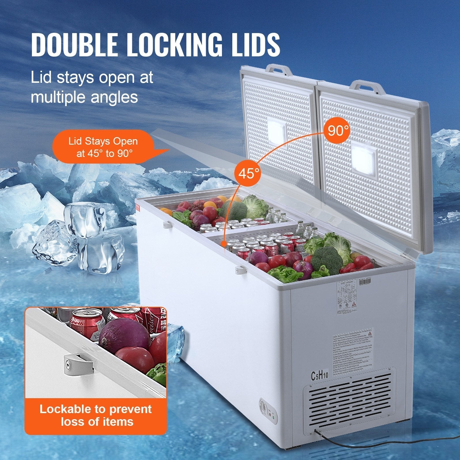 VEVOR Chest Freezer, 19.8 cu.ft / 561 L Large Deep Freezer with Split Top Double Locking Lids, Freestanding Commercial Chest Freezer & 4 Removable Baskets, 7-Level Adjustable Temp, LED Light, 6 Wheels
