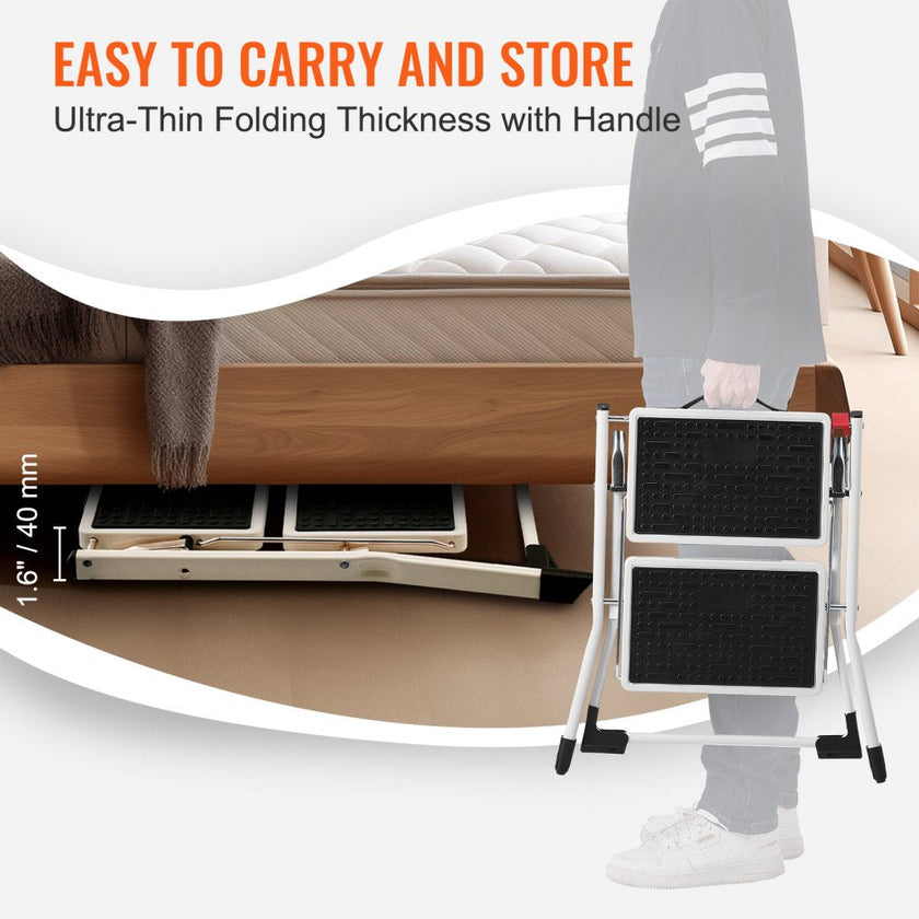 VEVOR Step Ladder 2-Step 330lbs Capacity, Ergonomic Folding Steel Step Stool with Wide Anti-Slip Pedal, Sturdy Step Stool for Adults Toddlers, Multi-Use for Household, Kitchen, Office, RVs
