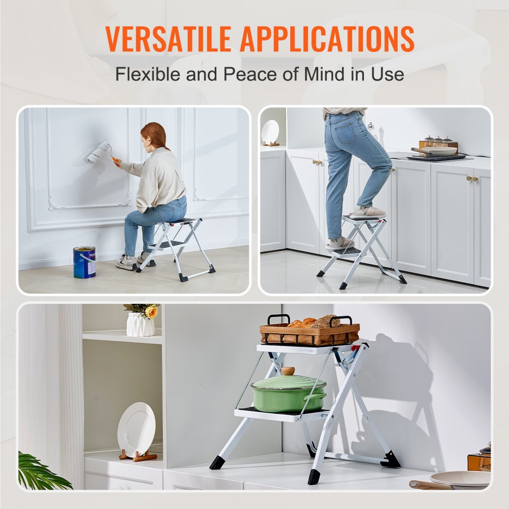 VEVOR Step Ladder 2-Step 330lbs Capacity, Ergonomic Folding Steel Step Stool with Wide Anti-Slip Pedal, Sturdy Step Stool for Adults Toddlers, Multi-Use for Household, Kitchen, Office, RVs