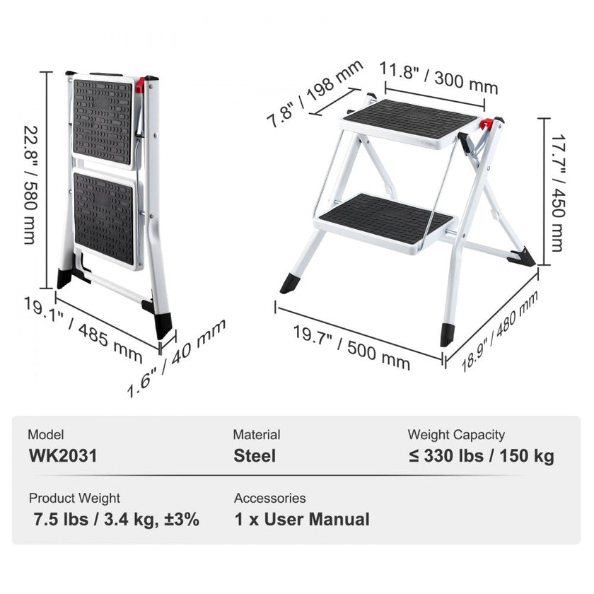 VEVOR Step Ladder 2-Step 330lbs Capacity, Ergonomic Folding Steel Step Stool with Wide Anti-Slip Pedal, Sturdy Step Stool for Adults Toddlers, Multi-Use for Household, Kitchen, Office, RVs