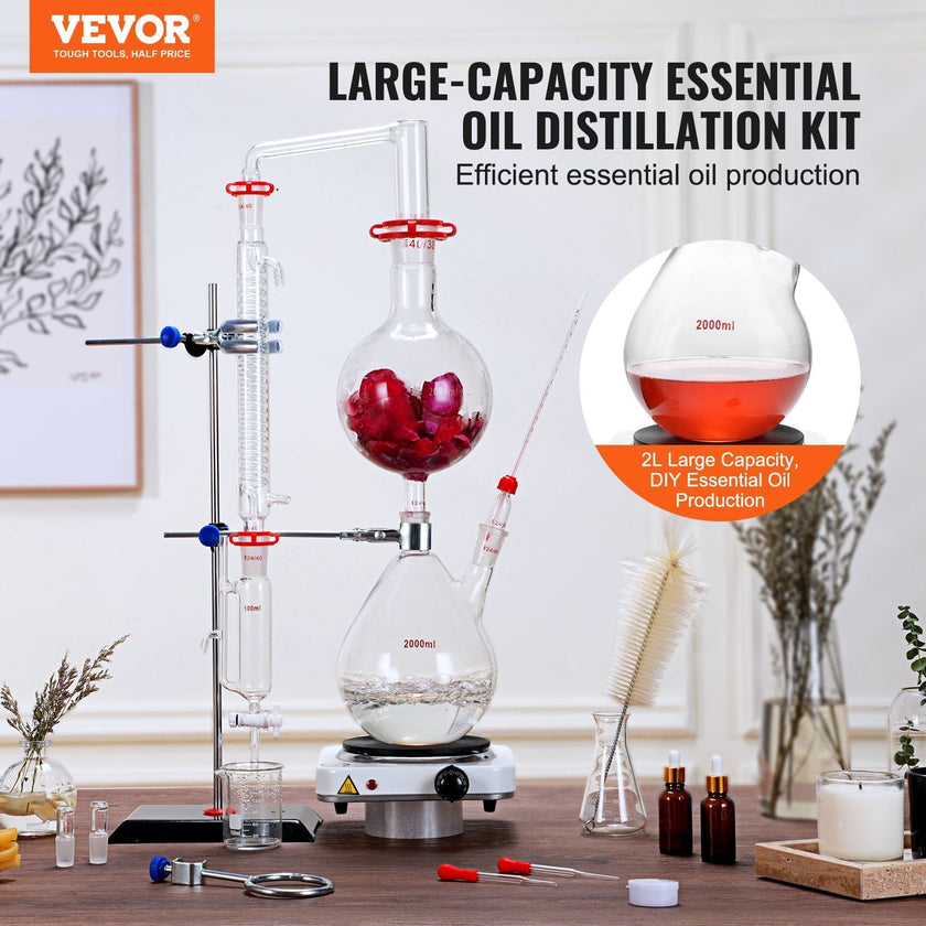 VEVOR Essential Oil Distillation Kit, 2000ml Distillation Apparatus, 3.3 Boro Lab Glassware Distillation Kit with 1000W Heating Plate and 24, 40 Joint, 28 pcs Set