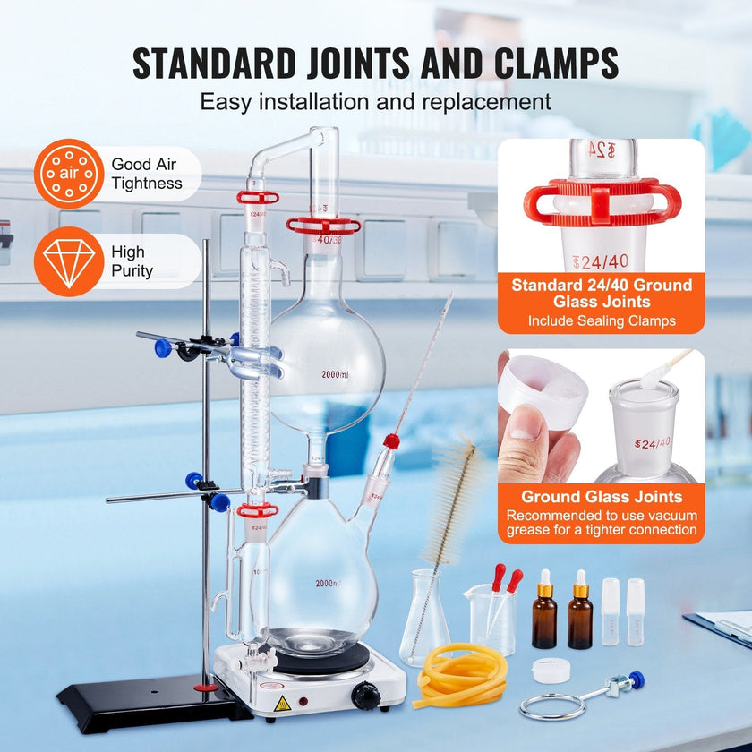 VEVOR Essential Oil Distillation Kit, 2000ml Distillation Apparatus, 3.3 Boro Lab Glassware Distillation Kit with 1000W Heating Plate and 24, 40 Joint, 28 pcs Set