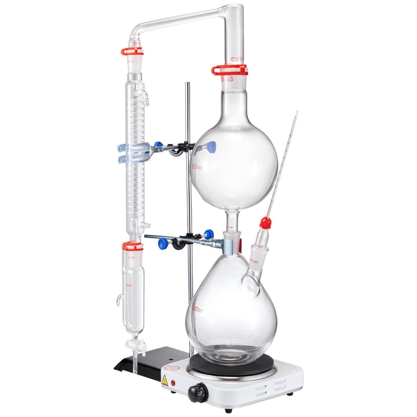 VEVOR Essential Oil Distillation Kit, 2000ml Distillation Apparatus, 3.3 Boro Lab Glassware Distillation Kit with 1000W Heating Plate and 24, 40 Joint, 28 pcs Set