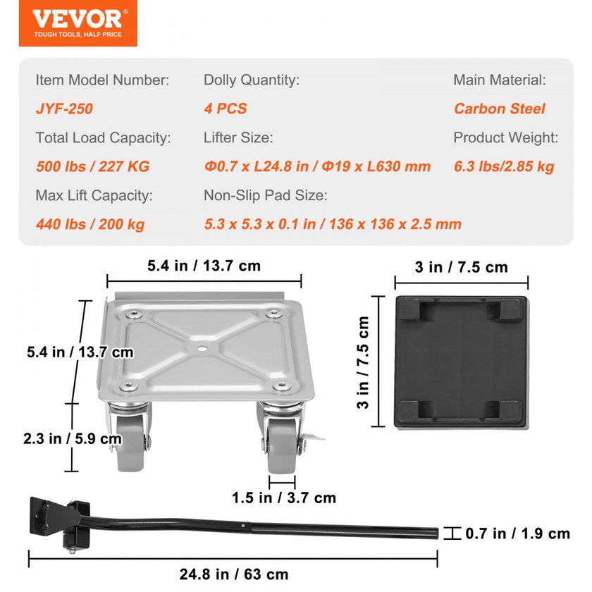 VEVOR Furniture Dolly, Furniture Moving Dollies with 360° PP Swivel Wheels & Carbon Steel Panel, 500 Lbs Capacity Furniture Lift Mover Tool Set for Moving Heavy Furniture Refrigerator Sofa