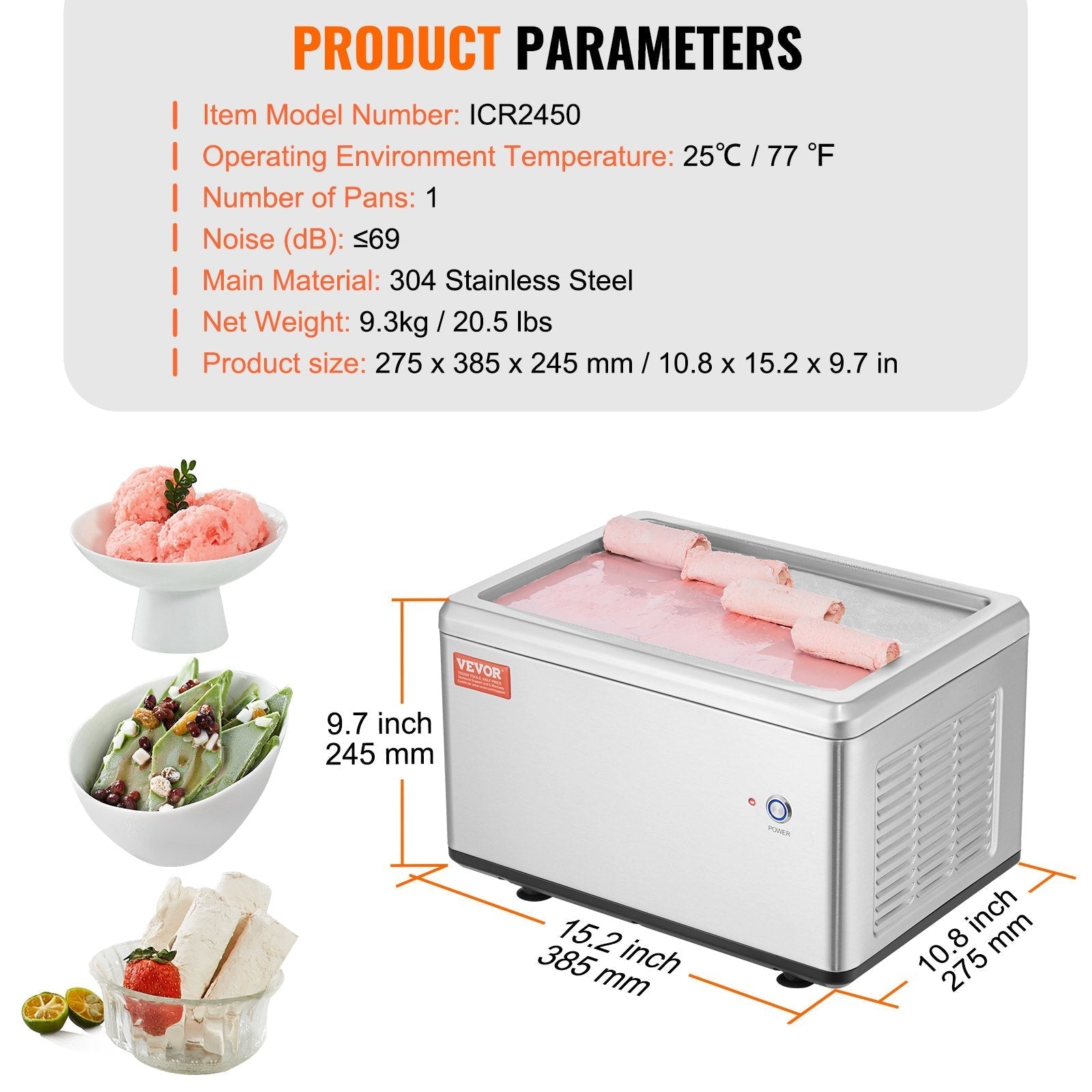 VEVOR Fried Ice Cream Roll Machine, 12.6