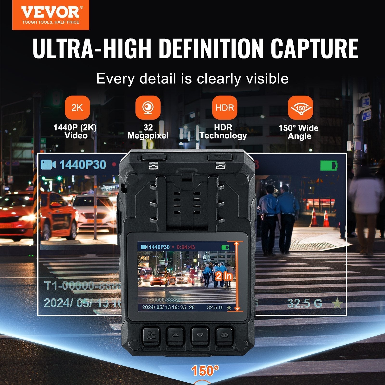 VEVOR 1440P HD Police Body Camera, 64GB Body Cam with Audio Video Recording Picture, Built-in 3500 mAh Battery, 2.0