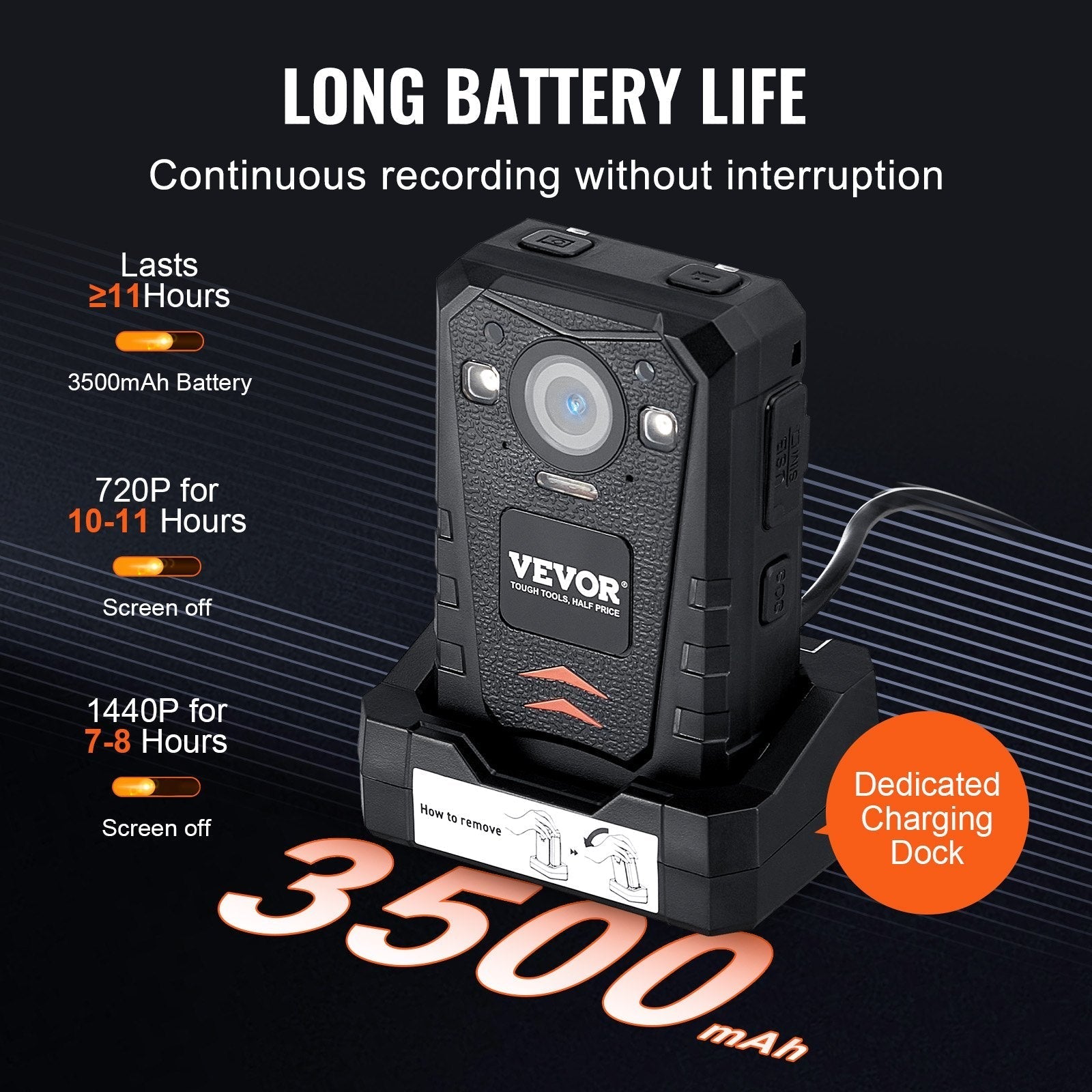 VEVOR 1440P HD Police Body Camera, 64GB Body Cam with Audio Video Recording Picture, Built-in 3500 mAh Battery, 2.0