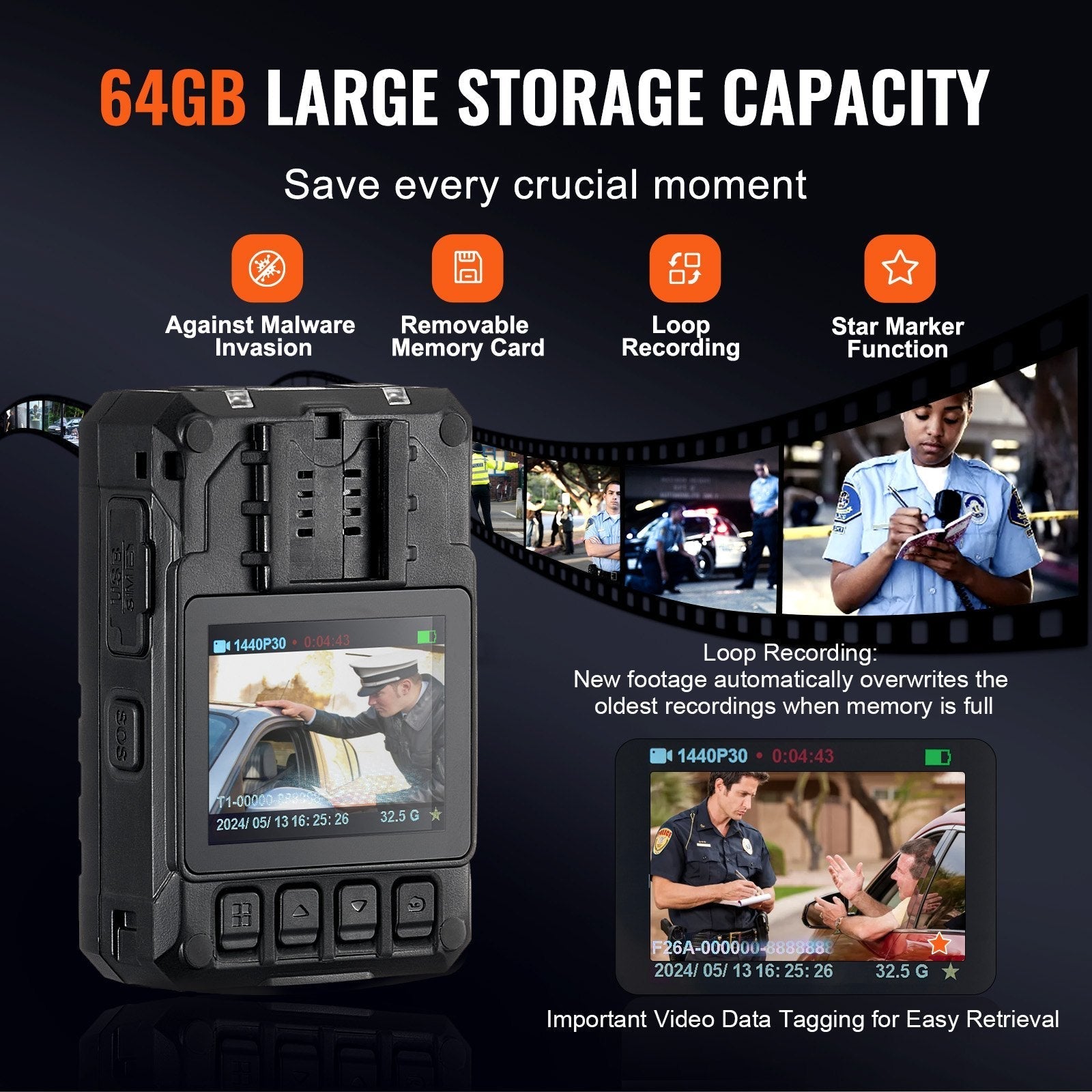 VEVOR 1440P HD Police Body Camera, 64GB Body Cam with Audio Video Recording Picture, Built-in 3500 mAh Battery, 2.0