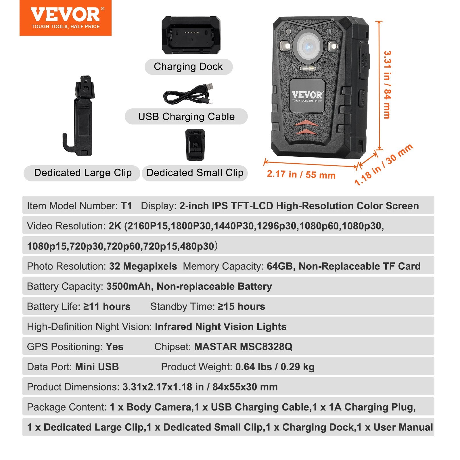 VEVOR 1440P HD Police Body Camera, 64GB Body Cam with Audio Video Recording Picture, Built-in 3500 mAh Battery, 2.0
