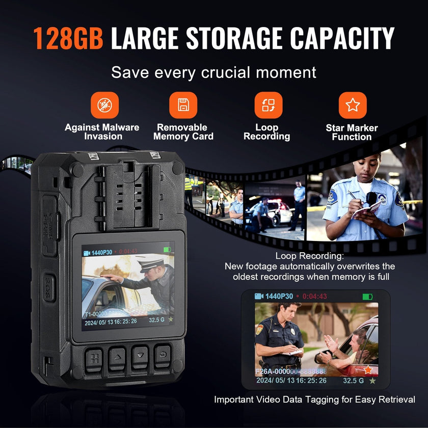 VEVOR 1440P HD Police Body Camera, 128GB Body Cam with Audio Video Recording Picture, Built-in 3500 mAh Battery, 2.0