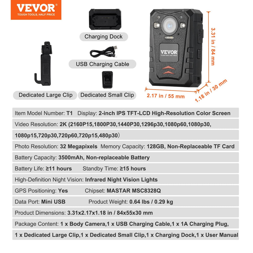 VEVOR 1440P HD Police Body Camera, 128GB Body Cam with Audio Video Recording Picture, Built-in 3500 mAh Battery, 2.0
