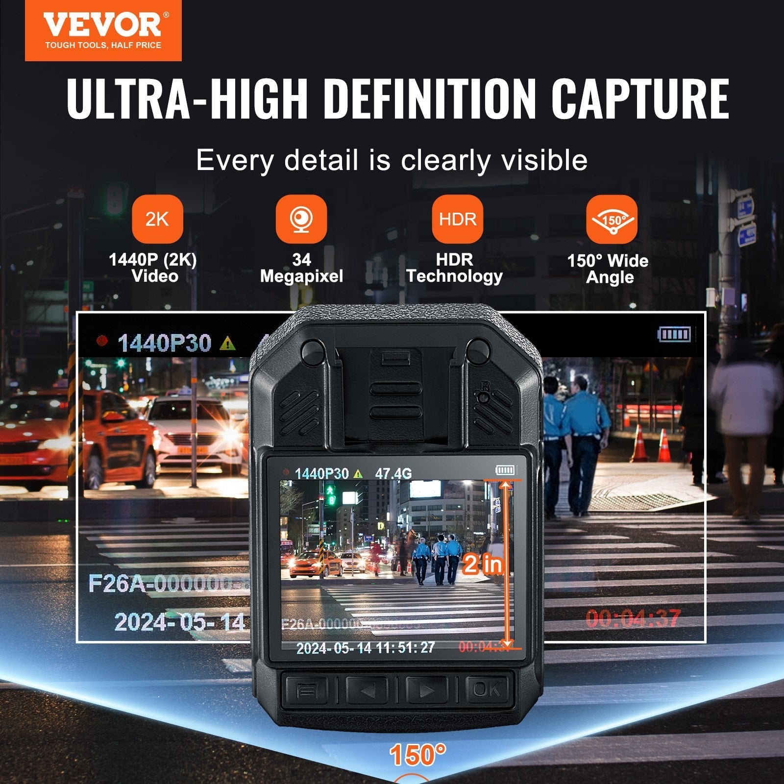 VEVOR 1440P HD Police Body Camera, 64GB Body Cam with Audio Video Recording Picture, Built-in 2850 mAh Battery, 2.0