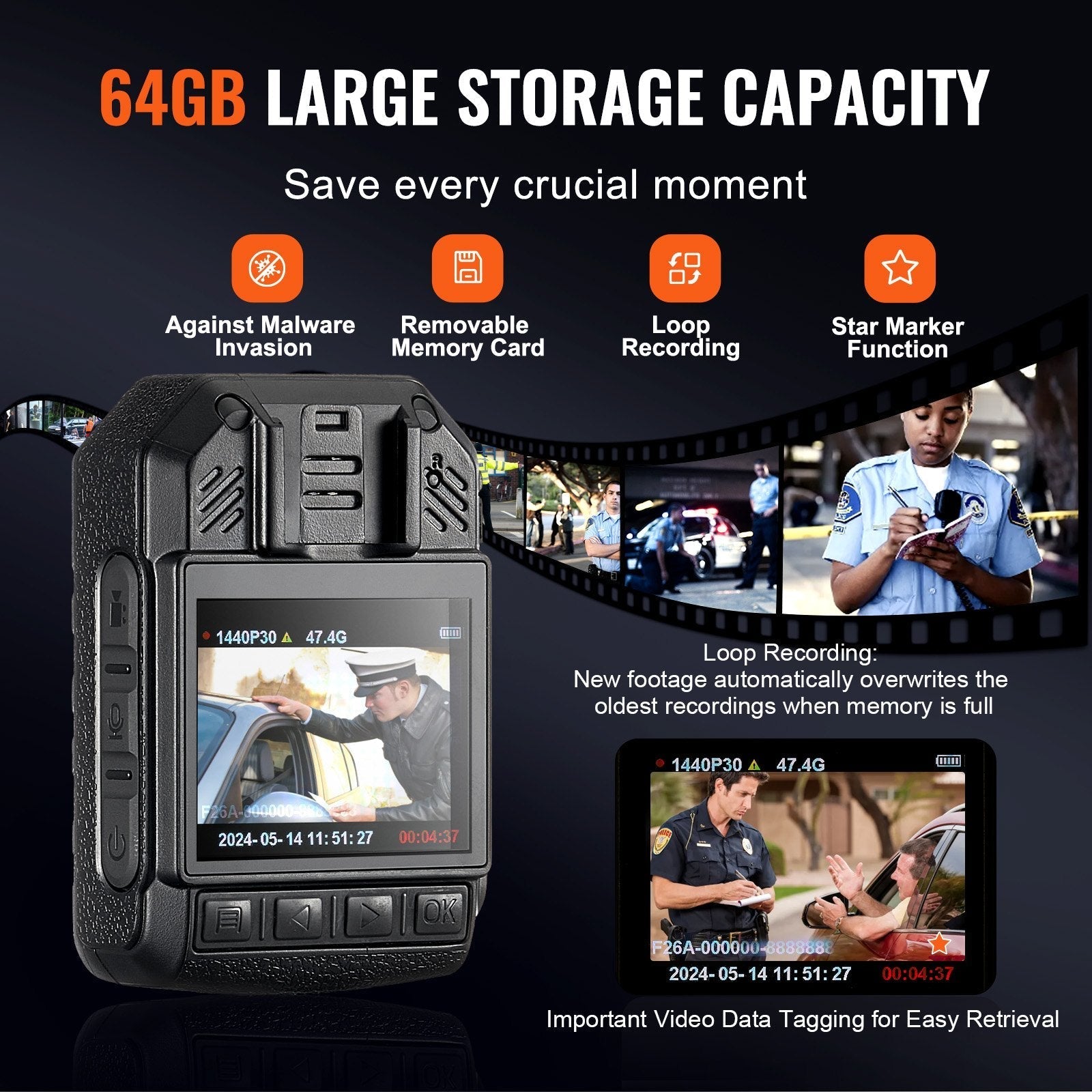 VEVOR 1440P HD Police Body Camera, 64GB Body Cam with Audio Video Recording Picture, Built-in 2850 mAh Battery, 2.0