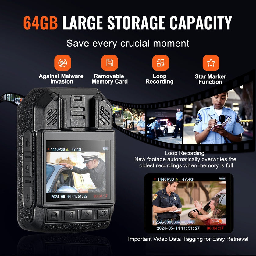 VEVOR 1440P HD Police Body Camera, 64GB Body Cam with Audio Video Recording Picture, Built-in 2850 mAh Battery, 2.0