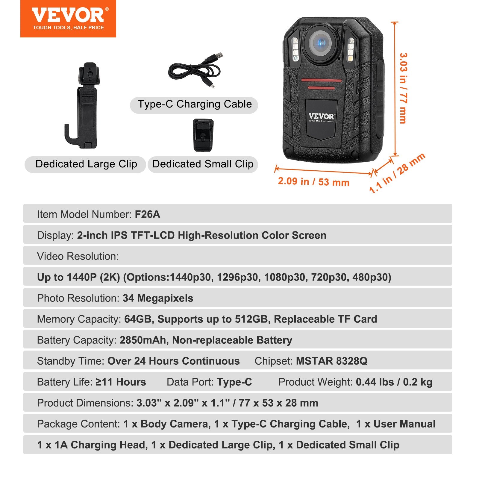 VEVOR 1440P HD Police Body Camera, 64GB Body Cam with Audio Video Recording Picture, Built-in 2850 mAh Battery, 2.0