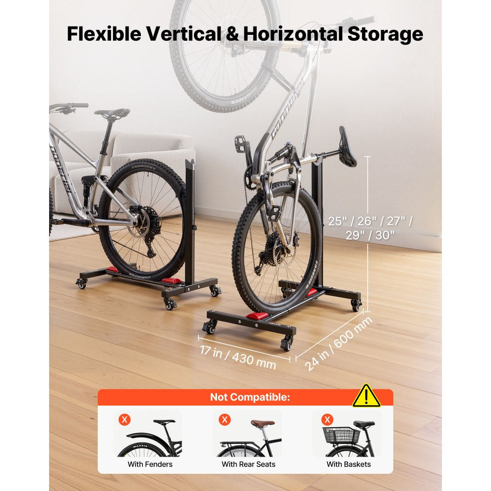 VEVOR Freestanding Bike Stand, Vertical & Horizontal Bike Storage Rack with Lockable Casters, Adjustable Carbon Steel Bicycle Floor Stand for 20-29 Inch Bike