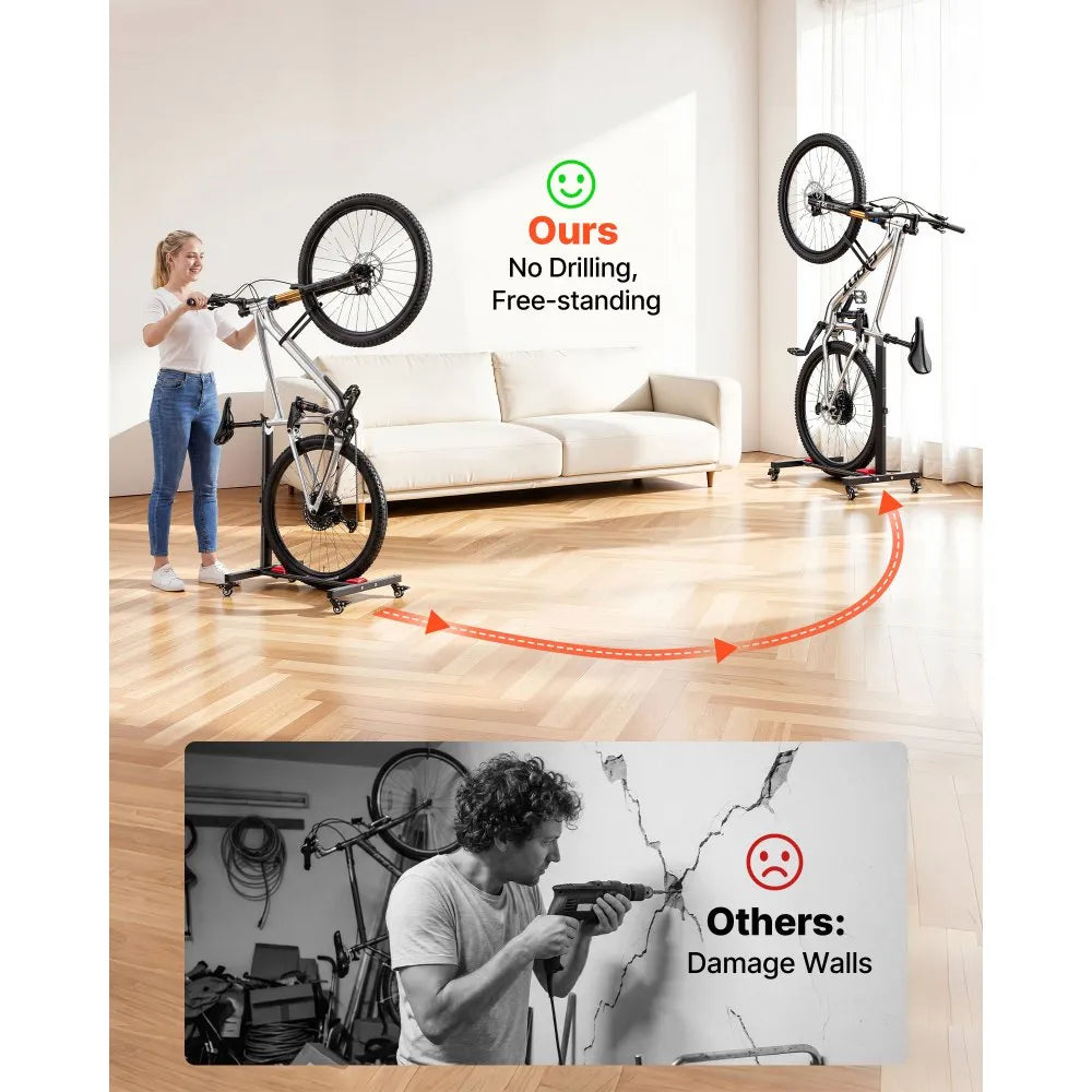 VEVOR Freestanding Bike Stand, Vertical & Horizontal Bike Storage Rack with Lockable Casters, Adjustable Carbon Steel Bicycle Floor Stand for 20-29 Inch Bike