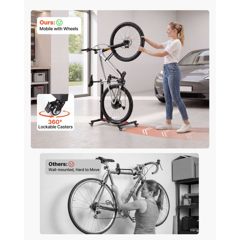 VEVOR Freestanding Bike Stand, Vertical & Horizontal Bike Storage Rack with Lockable Casters, Adjustable Carbon Steel Bicycle Floor Stand for 20-29 Inch Bike