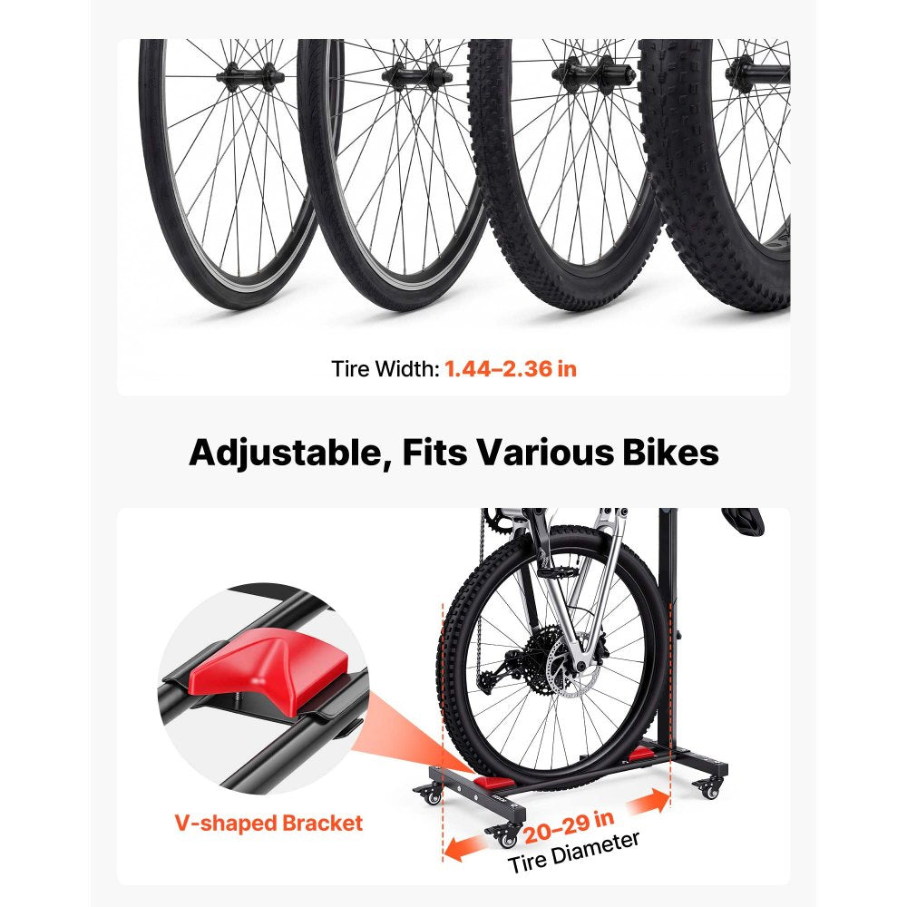 VEVOR Freestanding Bike Stand, Vertical & Horizontal Bike Storage Rack with Lockable Casters, Adjustable Carbon Steel Bicycle Floor Stand for 20-29 Inch Bike