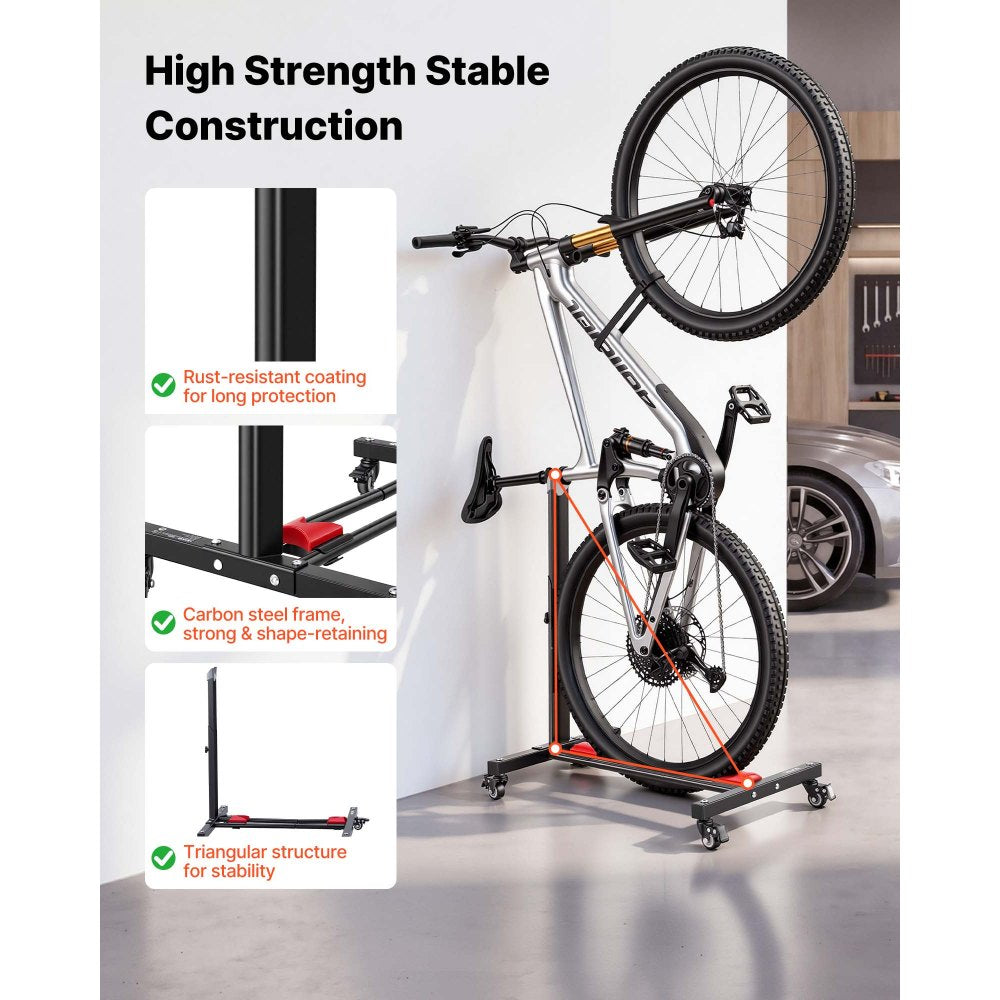 VEVOR Freestanding Bike Stand, Vertical & Horizontal Bike Storage Rack with Lockable Casters, Adjustable Carbon Steel Bicycle Floor Stand for 20-29 Inch Bike