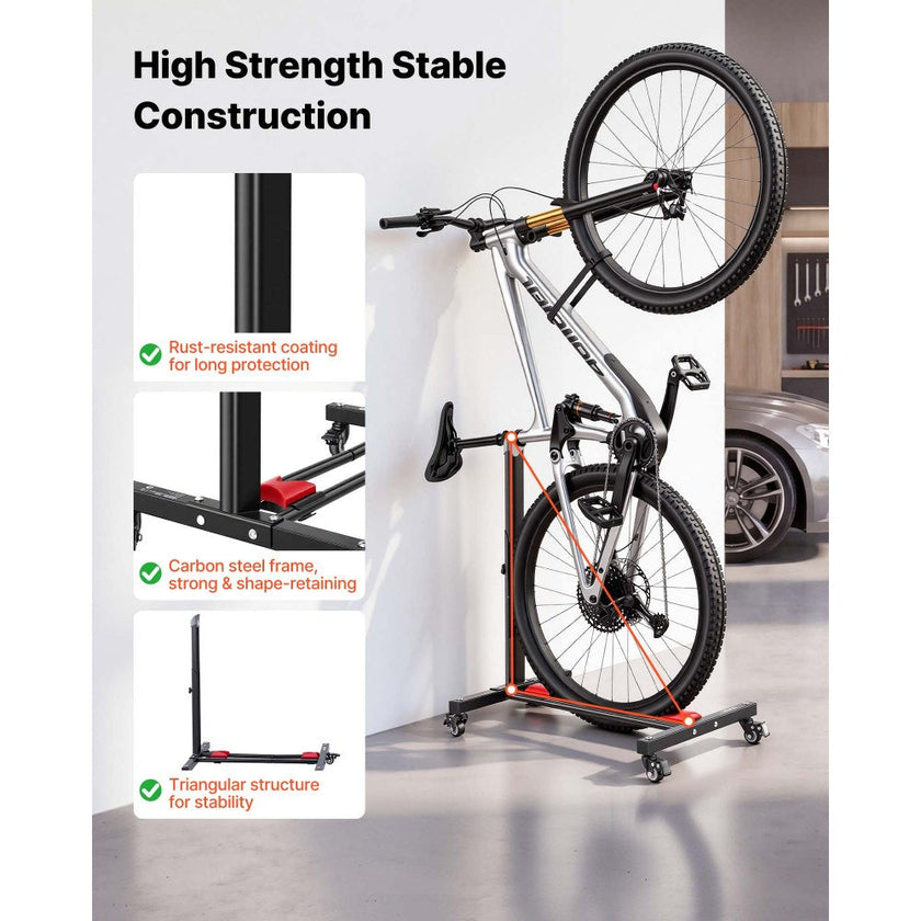VEVOR Freestanding Bike Stand, Vertical & Horizontal Bike Storage Rack with Lockable Casters, Adjustable Carbon Steel Bicycle Floor Stand for 20-29 Inch Bike
