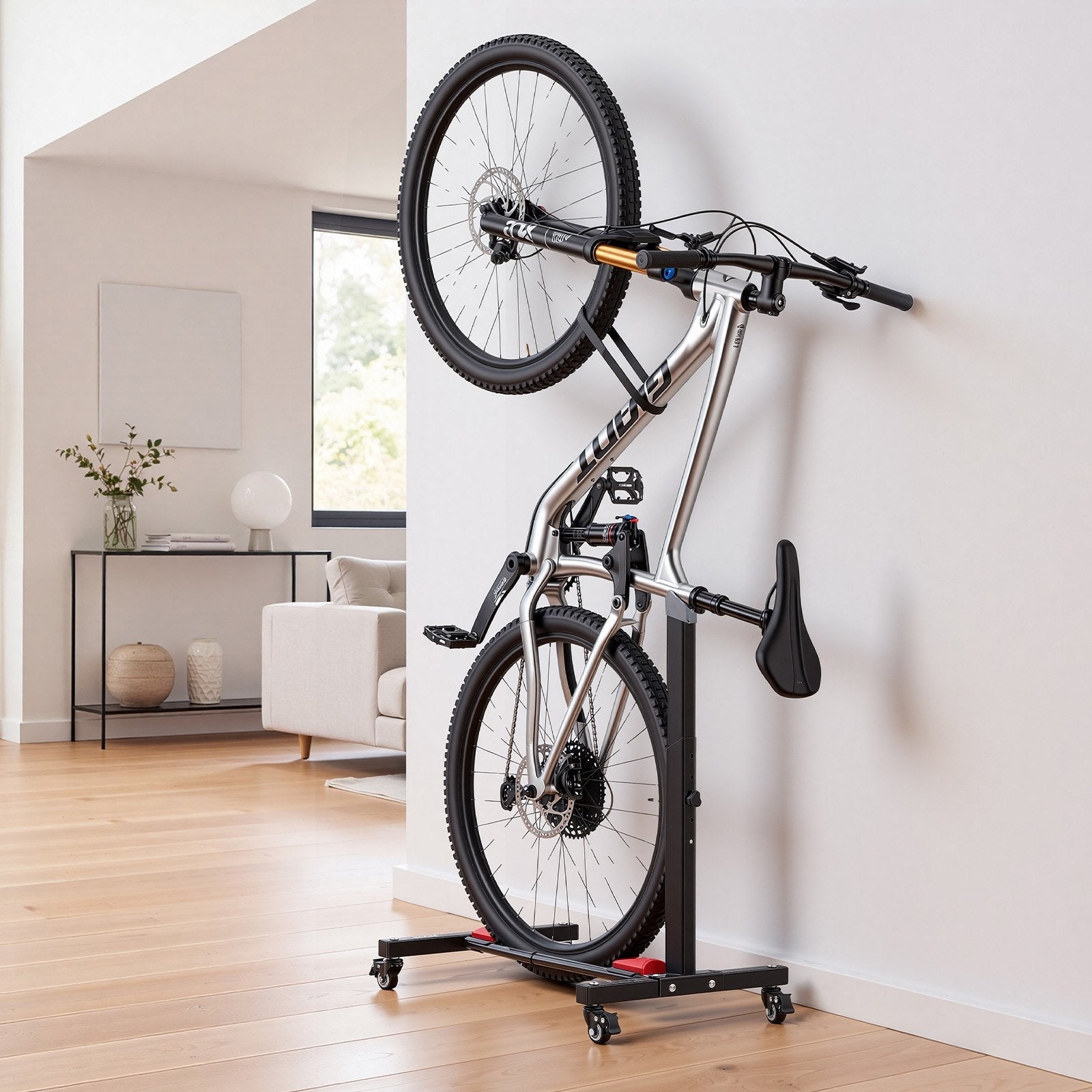 VEVOR Freestanding Bike Stand, Vertical & Horizontal Bike Storage Rack with Lockable Casters, Adjustable Carbon Steel Bicycle Floor Stand for 20-29 Inch Bike