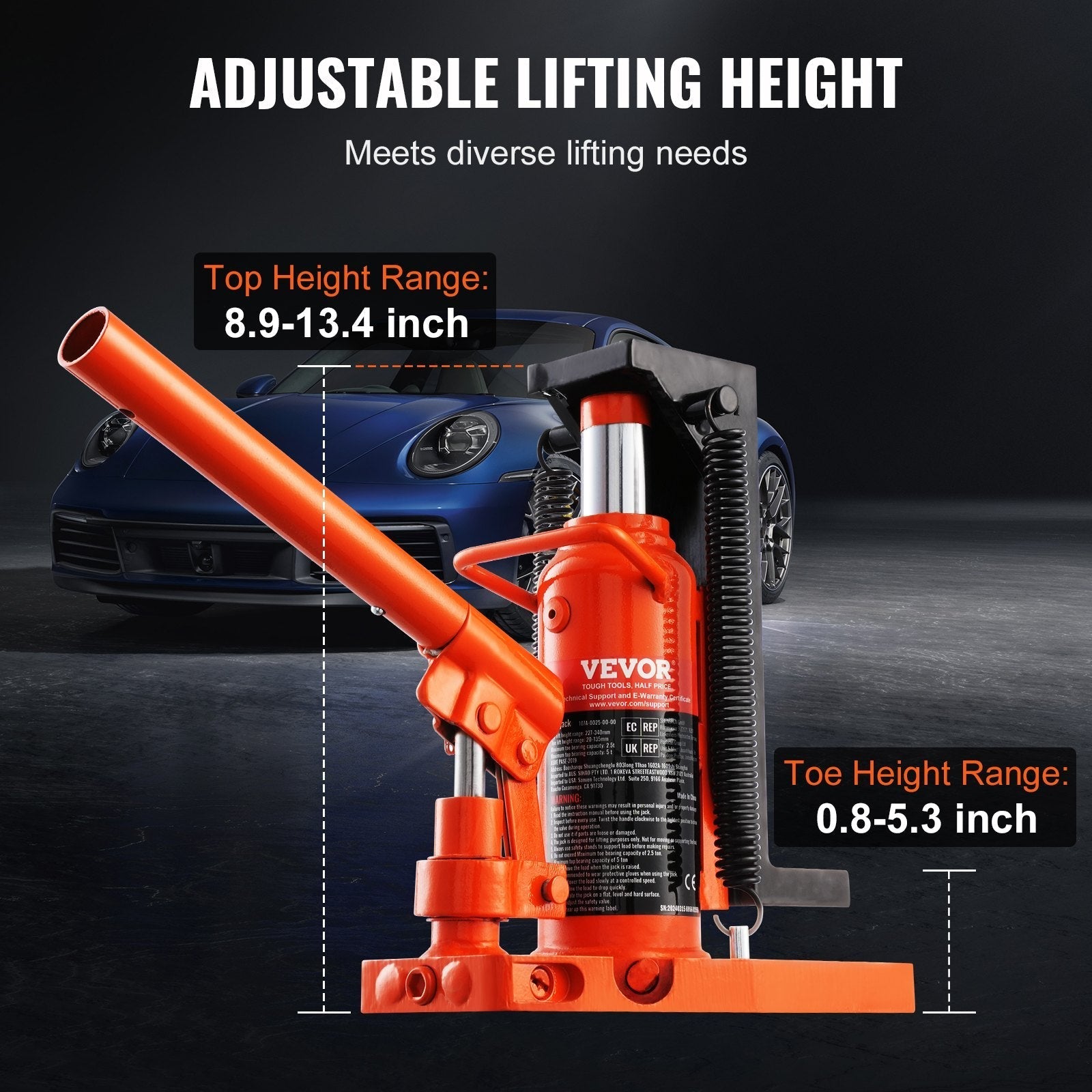 VEVOR Hydraulic Toe Jack, 2.5 Ton On Toe Toe Jack Lift, 5 Ton On Top Lift Capacity Machine Jack, 0.8-5.3 in Toe Height, 8.9-13.4 in Top Height, Air Hydraulic Claw Jack for Machinery, Industry