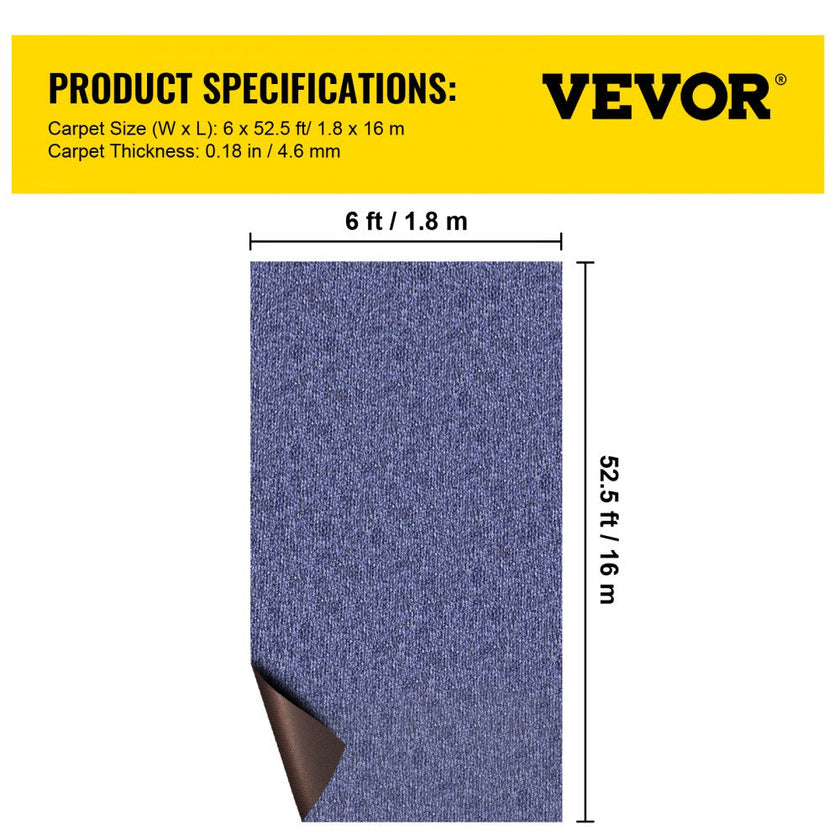 VEVOR Blue Marine Carpet, 6x52.5 ft Marine Carpeting Marine Grade Carpet for Boats with Waterproof Back, Outdoor Rug for Patio Porch Deck Garage Outdoor Area Rug Runner Non-Slide Porch Rug