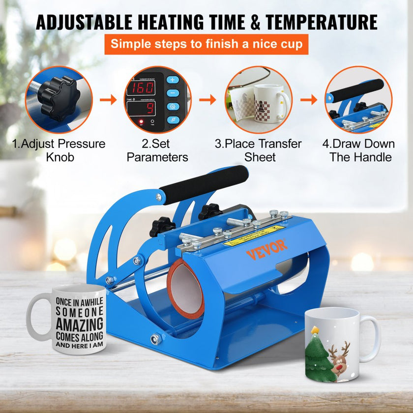 VEVOR Mug Heat Press, 11oz/11.5cm and 20oz/22cm Two Platens, LCD Cup Press Machine with Detachable Transfer Sublimation Mats, DIY Presser for Coffee Skinny Tumblers, Silica-Gel Printing, Blue