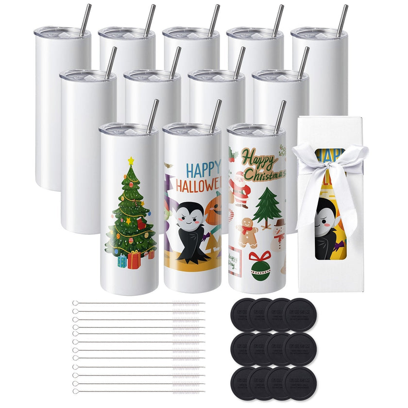 VEVOR 12 Pack Straight Sublimation Tumblers, 20 oz Blank Tumbler Bulk, Stainless Steel Double Wall Tumbler Cups with Straw, Lid, Brush, Base, Shrink Wrap, Gift Box, for Heat Press and Heat Transfer