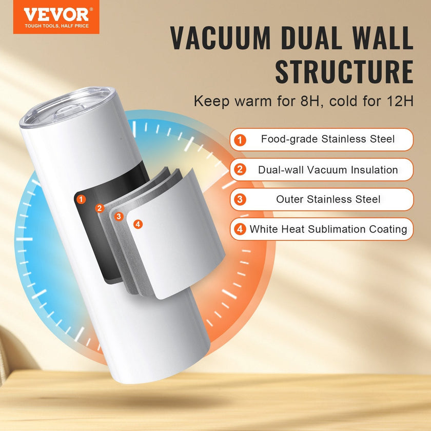 VEVOR 8 Pack Straight Sublimation Tumblers, 20 oz Blank Tumbler Bulk, Stainless Steel Double Wall Tumbler Cups with Straw, Lid, Brush, Base, Shrink Wrap, Gift Box, for Heat Press and Heat Transfer