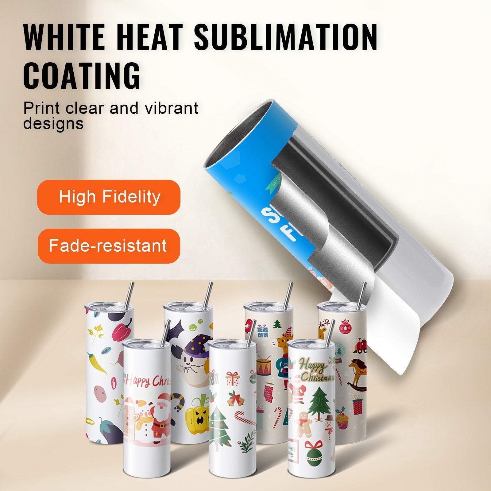VEVOR 8 Pack Straight Sublimation Tumblers, 20 oz Blank Tumbler Bulk, Stainless Steel Double Wall Tumbler Cups with Straw, Lid, Brush, Base, Shrink Wrap, Gift Box, for Heat Press and Heat Transfer