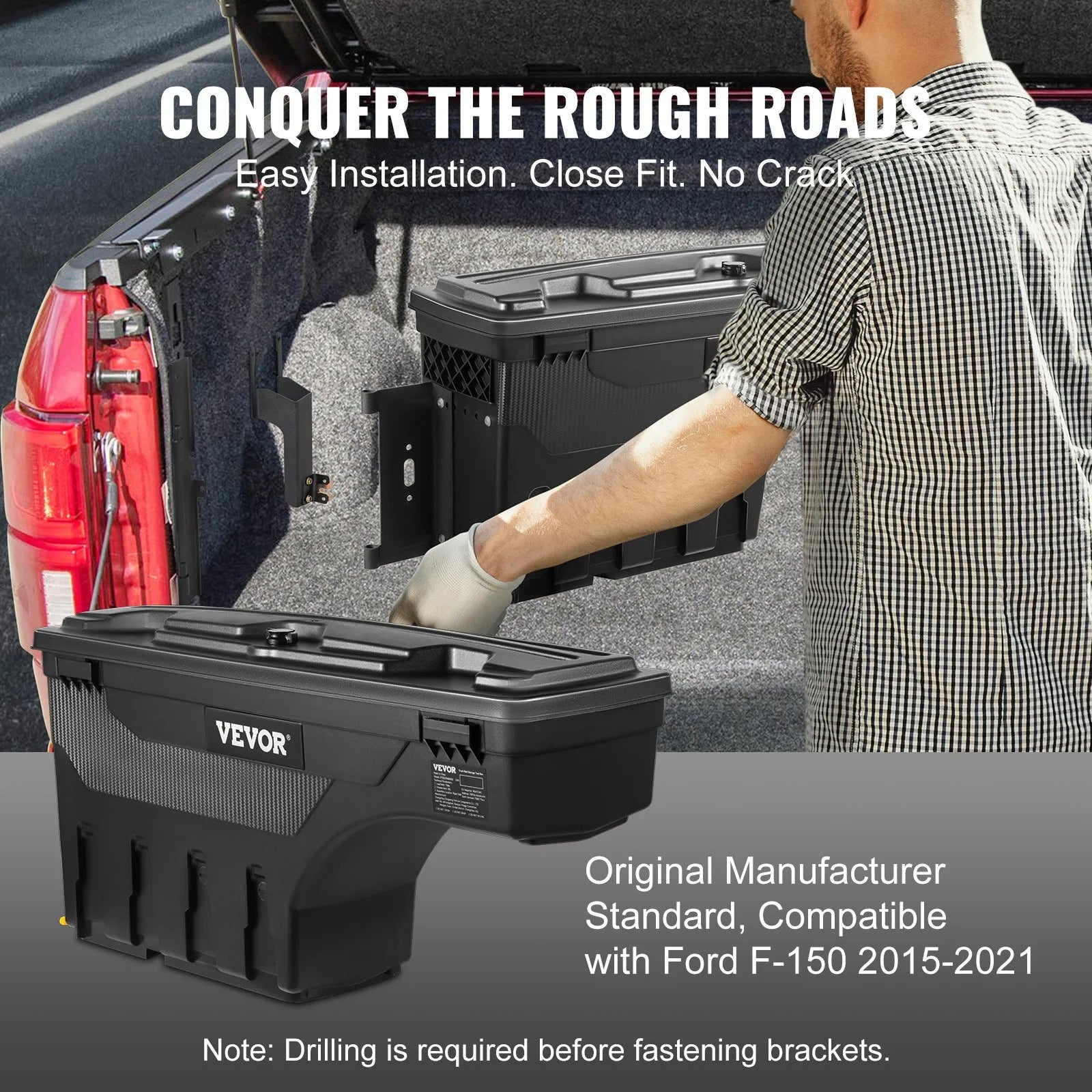 VEVOR Truck Bed Storage Box, Lockable Swing Case with Password Padlock, 6.6 Gal/25 L ABS Wheel Well Tool Box, Waterproof and Durable, Compatible with Ford F-150 2015-2021, Drivers Side