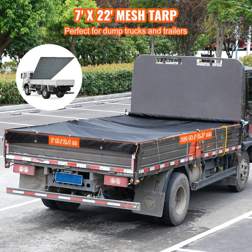 VEVOR Dump Truck Mesh Tarp, 7 x 22 ft, PVC Coated Black Heavy Duty Cover with 5.5