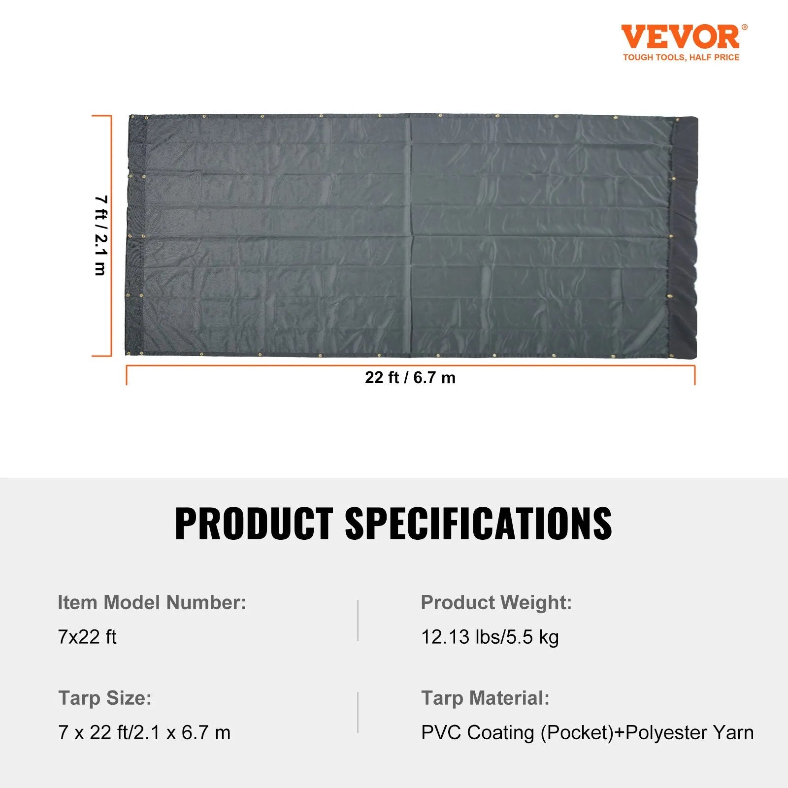 VEVOR Dump Truck Mesh Tarp, 7 x 22 ft, PVC Coated Black Heavy Duty Cover with 5.5