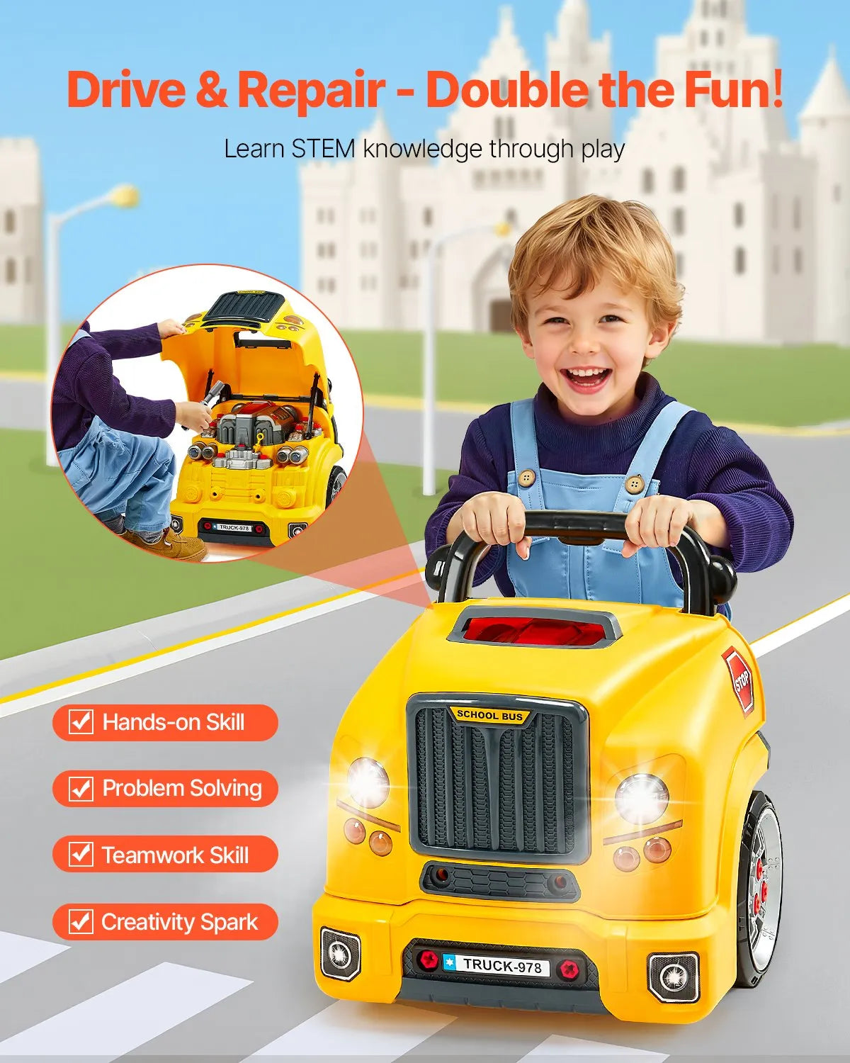 VEVOR Engine Toy Kids Mechanic Car Repair Set with Removable Parts Yellow