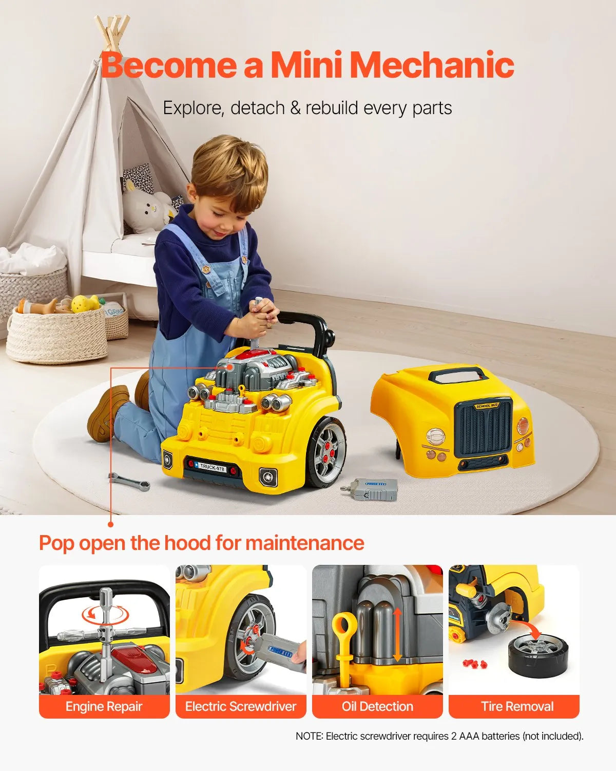 VEVOR Engine Toy Kids Mechanic Car Repair Set with Removable Parts Yellow