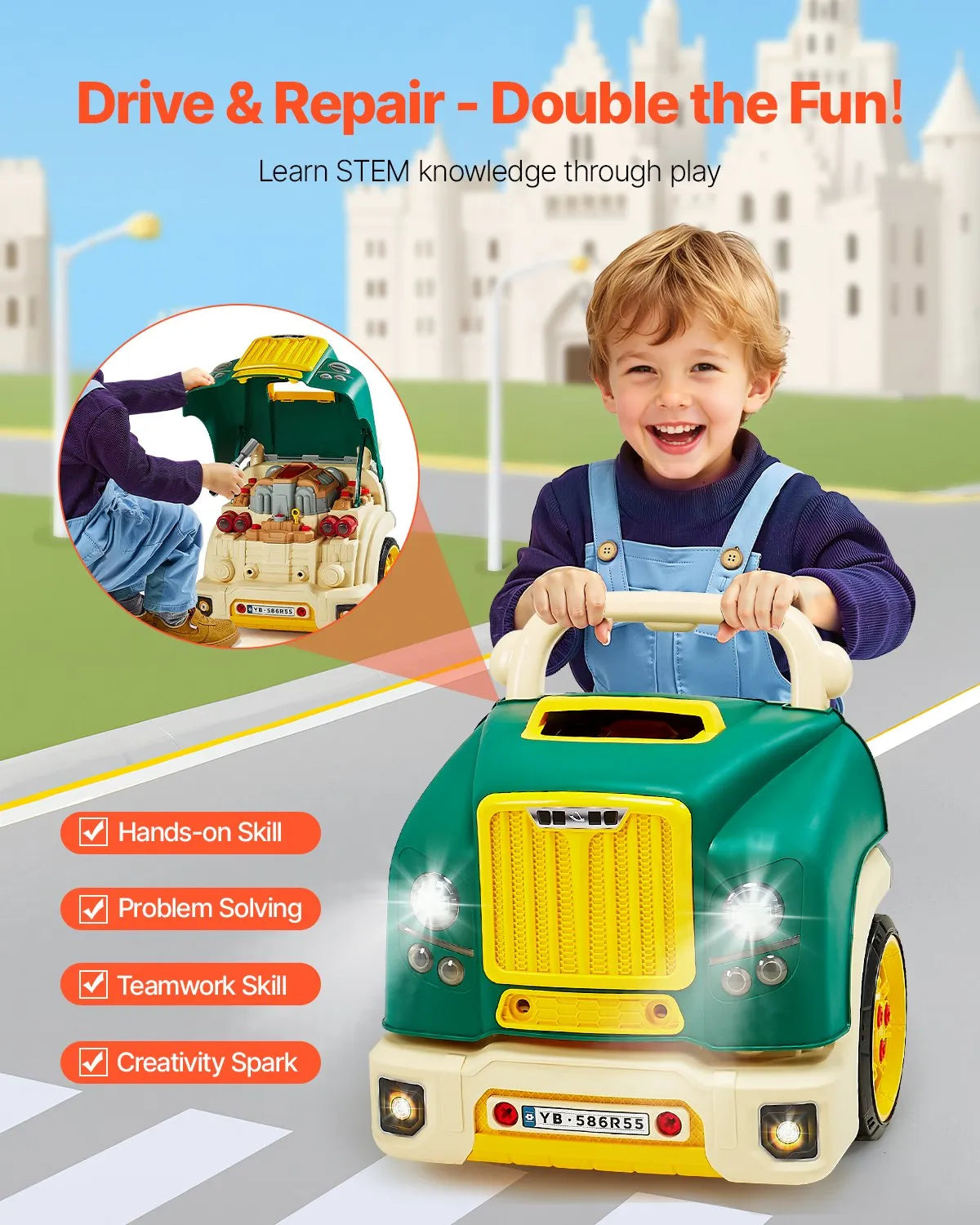 VEVOR Engine Toy Kids Mechanic Car Repair Set with Removable Parts Green