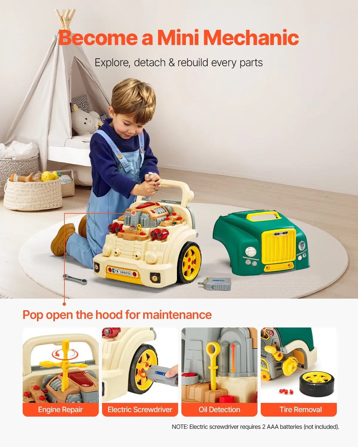 VEVOR Engine Toy Kids Mechanic Car Repair Set with Removable Parts Green