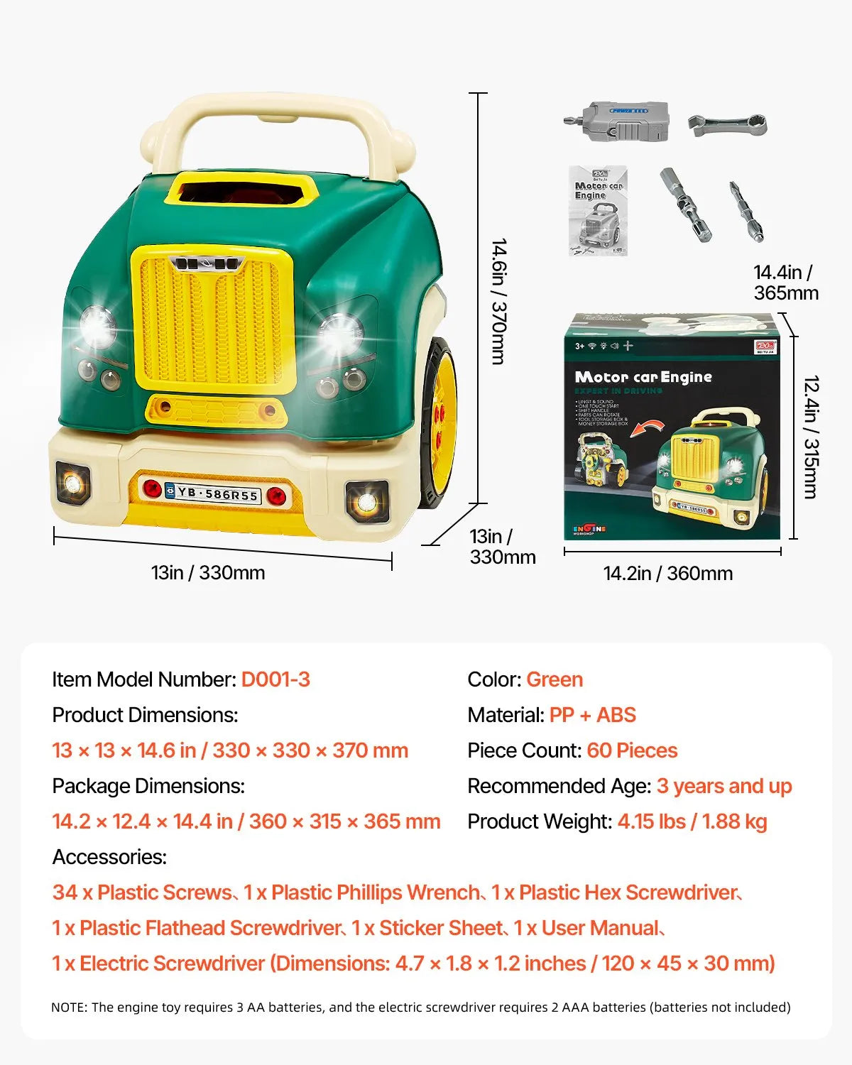 VEVOR Engine Toy Kids Mechanic Car Repair Set with Removable Parts Green
