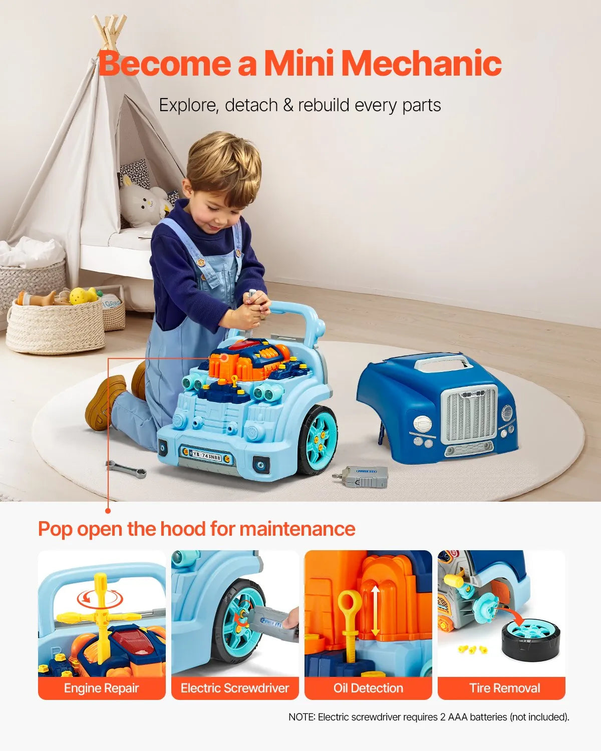 VEVOR Engine Toy Kids Mechanic Car Repair Set with Removable Parts Blue